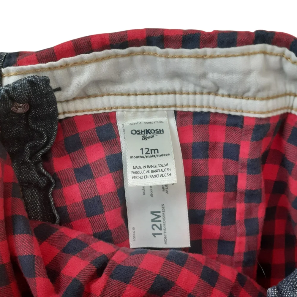 OshKosh B'gosh Blue and Red Plaid Overalls Classic Design Denim Baby 12M